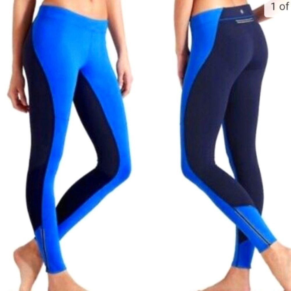 Ladies Athleta Homestretch Blue Color Block Zip‎ Hem Leggings Size Small